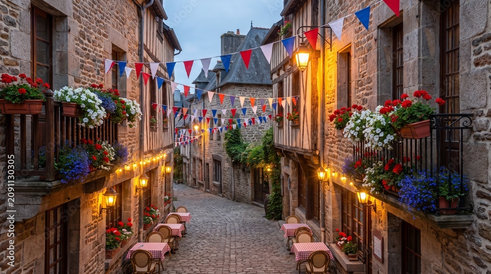 Fototapeta premium Charming old european cobblestone street decorated with festive colorful bunting flags and glowing lanterns illustration