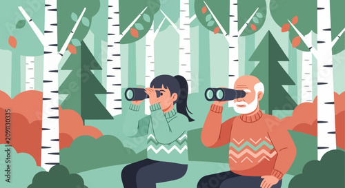 Vector illustration of a person looking through binoculars in a birch tree forest