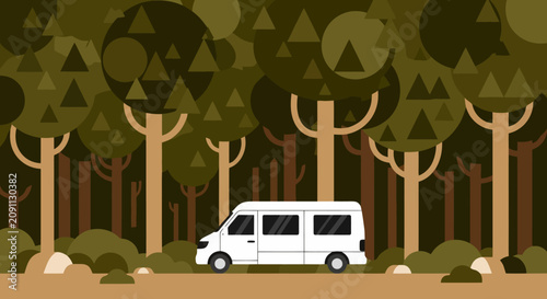 White camper van driving through dense geometric green forest on road trip adventure illustration.