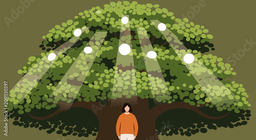Vector illustration of sunbeams through green tree canopy for nature background