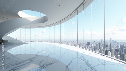 Sleek curved penthouse, glossy marble floors and floor-to-ceiling city-view glass walls