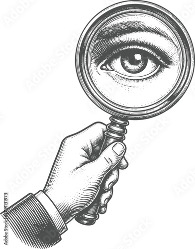 Vintage Magnifying Glass with Human Eye Engraving Vector | Hand Drawn Investigation and Search Illustration