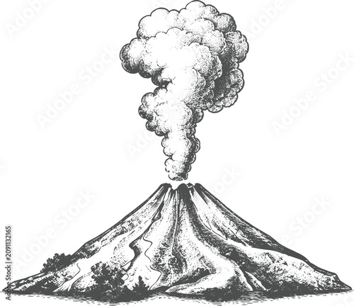 Vintage Erupting Volcano Engraving Vector – Hand Drawn Volcanic Mountain Illustration in Retro Woodcut Style