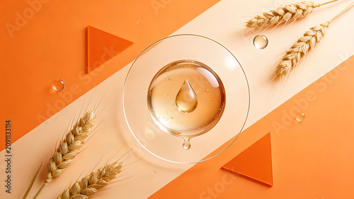 Warm orange set with ears of wheat and transparent essence drops represents the concept of grain skin care, moisturizing and stabilizing, and natural coarse grain soothing
