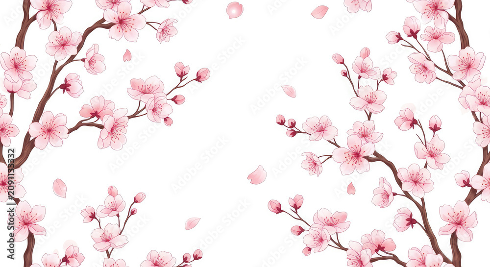 Fototapeta premium Cherry Blossom Branches With Delicate Pink Flowers on White Background
