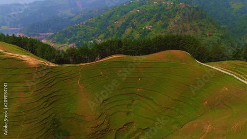 Drone View of green Sheep farm in Chitlang , Bheda Farm