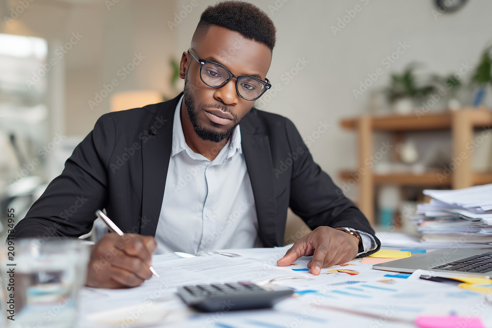 Fototapeta premium Focused Businessman Working on Financial Reports with Calculator