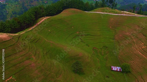 Drone View of green Sheep farm in Chitlang , Bheda Farm