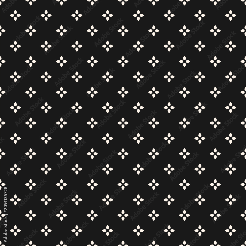Fototapeta premium Simple minimal floral seamless pattern. Vector abstract black and white minimalist geometric ornament with small stylized flowers, tiny leaves, petals. Dark monochrome background. Repeated geo design