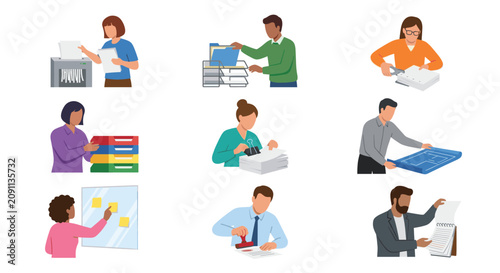 Business people performing administrative and organizational office tasks.