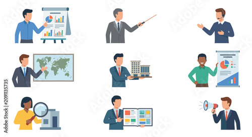 Business speakers presenting data on charts and maps.