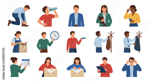 Characters performing common daily life activities and routines.
