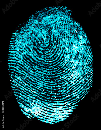 Fingerprint biometric identity and approval. Fingerprint on a black background. Bloody fingerprint with ultraviolet lamp.