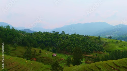 Aerial viwe of Grassy Mountain Slope in Nepal , Bheda Farm , Chitlang , Sheep Farm	