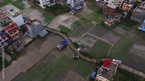 Aerial View of farming in between Dense Urban Neighborhood in Kathmandu Nepal	