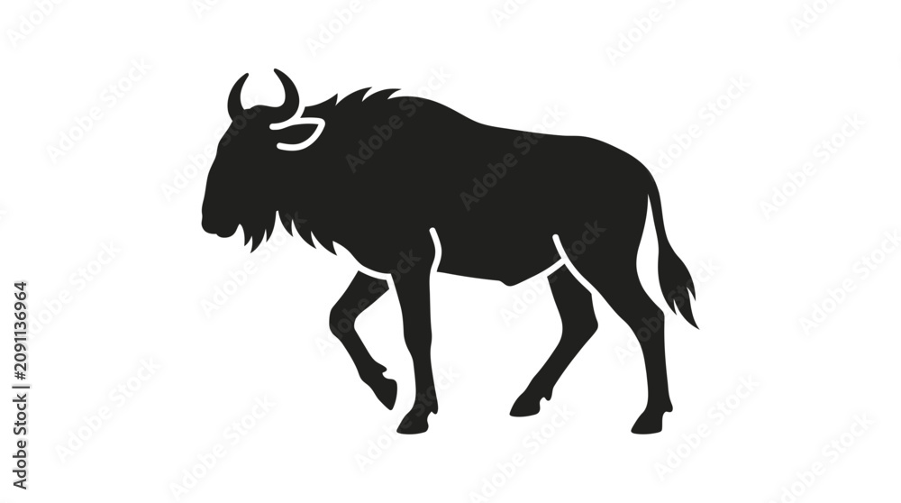 Fototapeta premium Black silhouette of a wildebeest walking side view vector illustration