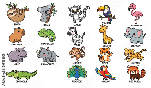 Canvas Print Cute Funny Exotic Animals Cartoon Vector Set Isolated on White
