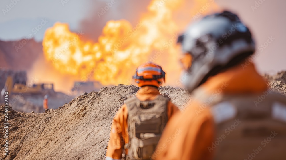 Fototapeta premium Firefighters Monitor Blaze from Methane Explosion at Environmental Incident