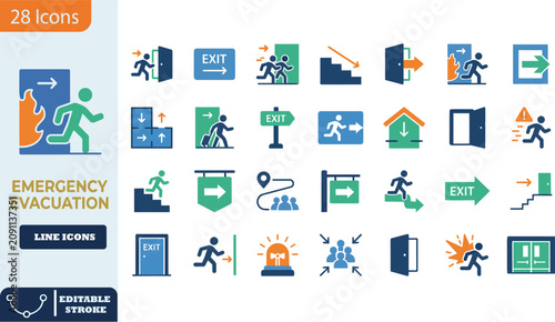 Emergency evacuation flat icon set for safety and public guidance with exit sign