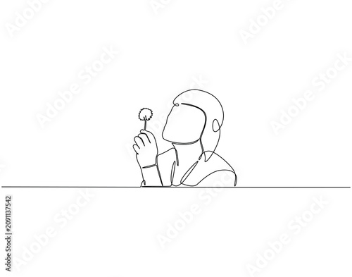 Woman blowing a dandelion continuous line art. Woman blowing dandelion one line drawing. Lifestyle, makes wish, hope concept vector illustration