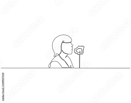 Woman blowing a dandelion continuous line art. Woman blowing dandelion one line drawing. Lifestyle, makes wish, hope concept vector illustration