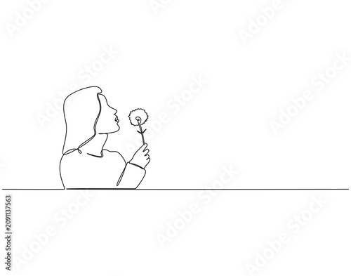 Woman blowing a dandelion continuous line art. Woman blowing dandelion one line drawing. Lifestyle, makes wish, hope concept vector illustration
