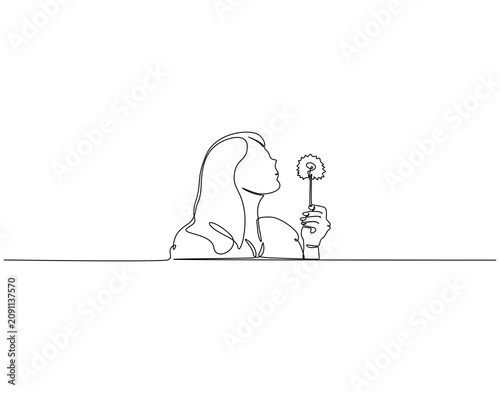 Woman blowing a dandelion continuous line art. Woman blowing dandelion one line drawing. Lifestyle, makes wish, hope concept vector illustration