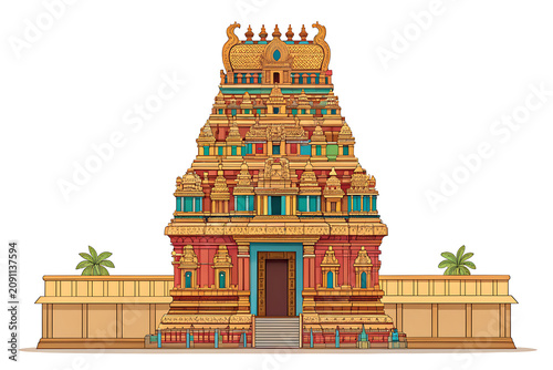South Indian gopuram in vector flat illustration