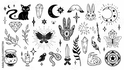 Foto Collection Of Mystical Witchcraft Elements Including Crystals Celestial Bodies A