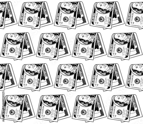 Seamless geometric pattern with 100 USD bills folded in half. Banknotes arranged in horizontal rows. Obverse, front side is visible. Monochrome money illustration on transparent background.