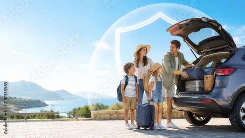 Family vacation loading luggage into SUV travel insurance car insurance summer day road trip adventure