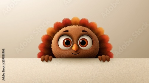 Curious Fowl Peeking Over Edge: A charming, fluffy cartoon fowl with large, expressive eyes and colorful plumage peeks inquisitively over a white surface.