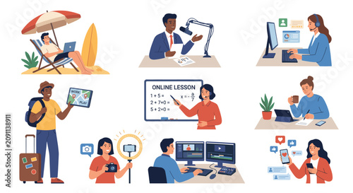Digital nomads and remote workers in various modern settings.