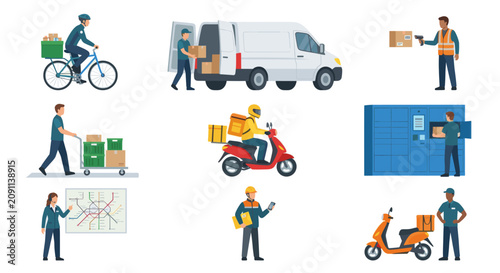 Delivery couriers transporting packages via vans and scooters.