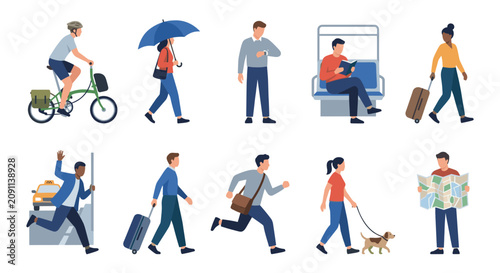 Diverse commuters traveling and walking in city settings.
