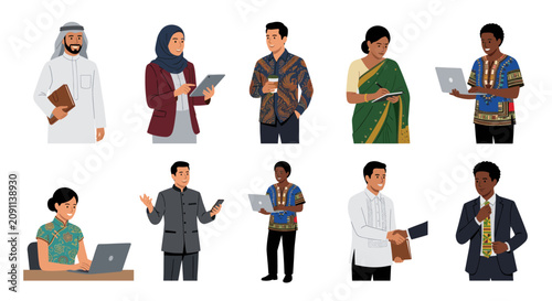 Diverse multicultural professionals set in traditional and business attire.