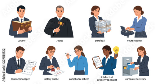 Diverse legal professionals including lawyers, judges, and corporate specialists.