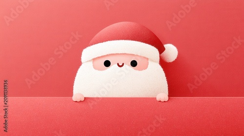 Cute Santa Claus Peeking: A charming, minimalist illustration of Santa Claus with rosy cheeks and a bright smile peeks over a red surface, adorned with his iconic red hat, conveying holiday cheer.