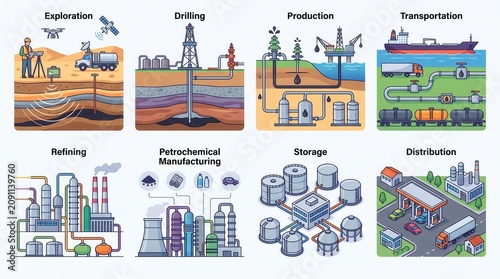 Full process of crude oil and gas, including exploration, drilling, production, and refining