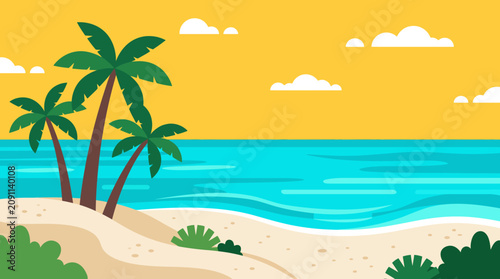 Minimalist flat beach landscape background with tropical palm trees umbrella and sea banner