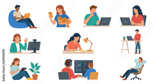 Individuals working and studying on laptops in various settings.