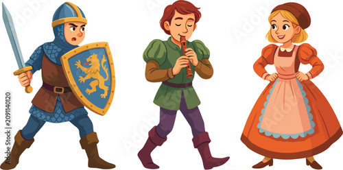 Εκτύπωση καμβά Medieval characters set with brave knight bard and peasant girl, fantasy flat ve