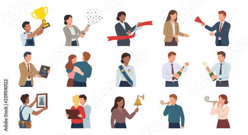 People celebrating achievements with trophies and parties.