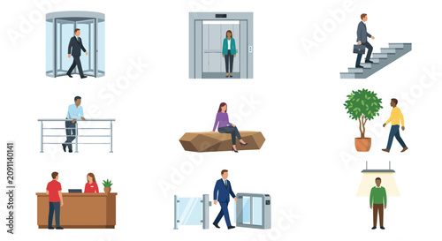 People navigating modern building lobby and shared office spaces.