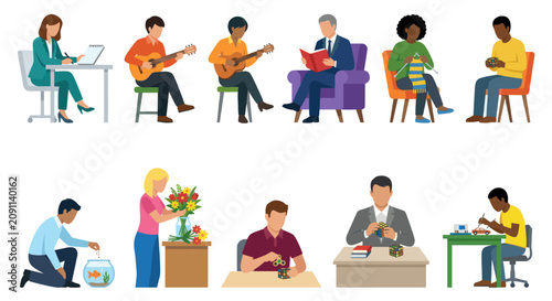 People enjoying creative hobbies and leisure time activities.