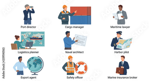 Maritime and logistics industry professional character set.