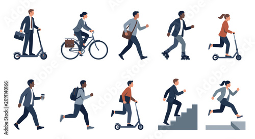 People commuting with eco-friendly transport and walking set.