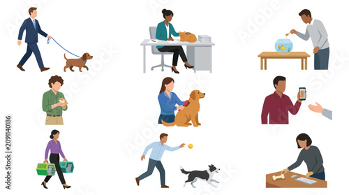 People interacting with domestic animals and caring for pets.