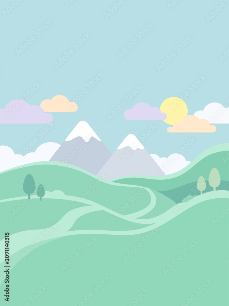 Obraz premium Minimalist flat landscape background with green hills snowy mountains and pastel clouds vertical