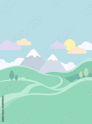 Minimalist flat landscape background with green hills snowy mountains and pastel clouds vertical